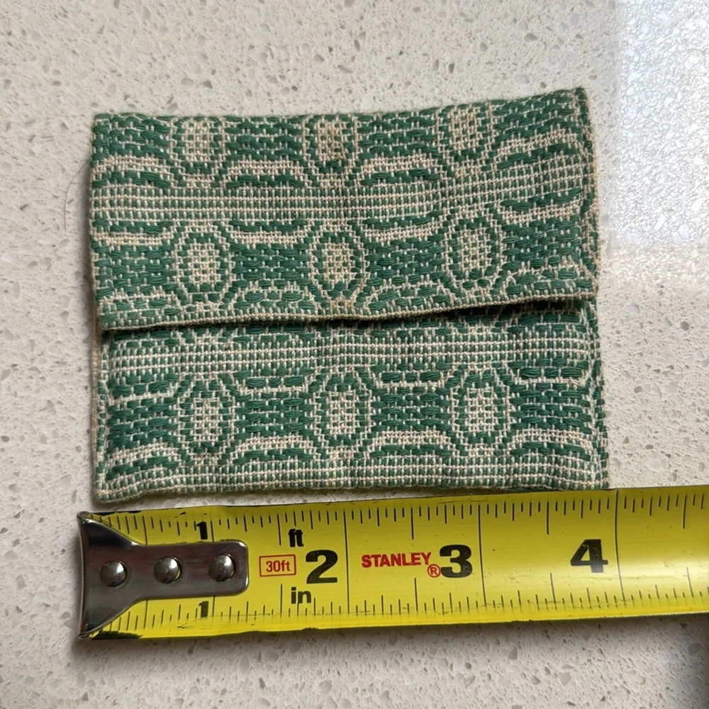 Vintage handmade teal green embroidered snap closure coin purse 3x4”